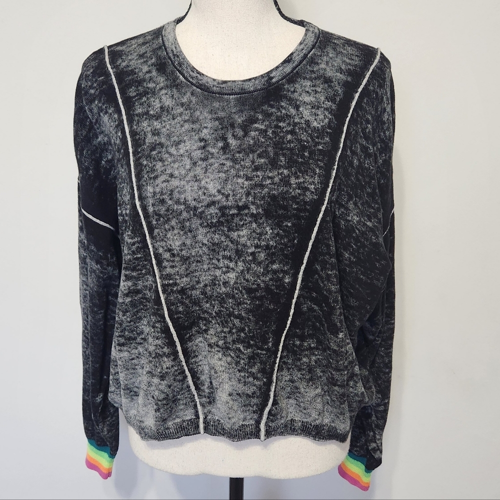 WISPR by Brodie Pullover Cropped Crewneck Sweater Burnout Black Rainbow Cuff XL